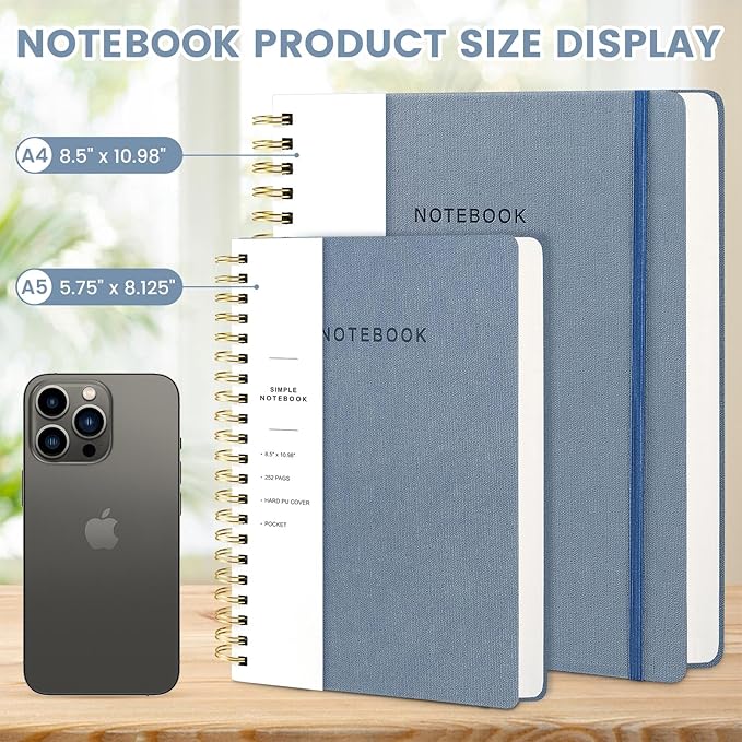 Oneirom Spiral Notebook - 8.5 x 10.98 Inch Large Hard Cover Notebook with Elastic Band & Pocket, 252 Pages, Lay Flat Wirebound Journal for Work, School, Planning & Note Taking ReefBlue