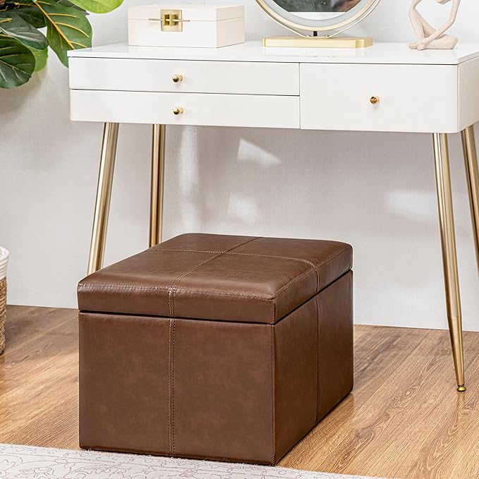 Adeco Faux Leather Cube Storage Ottoman, Coffee Brown Ottomans for Living Room, Bedroom