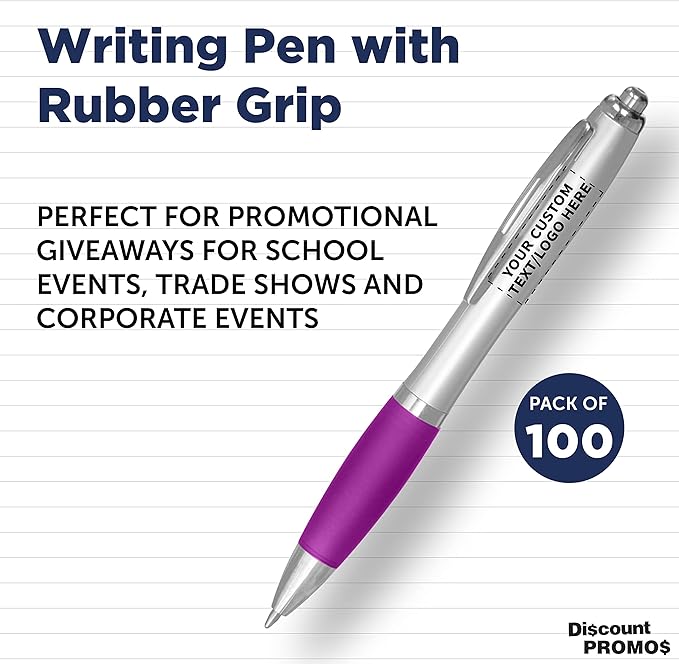 DISCOUNT PROMOS Personalized Ballpoint Pens With Rubber Grip, 100 pack Customizable Ergonomic Click-to-Write Custom Writing Pens for School with Black Ink, Purple