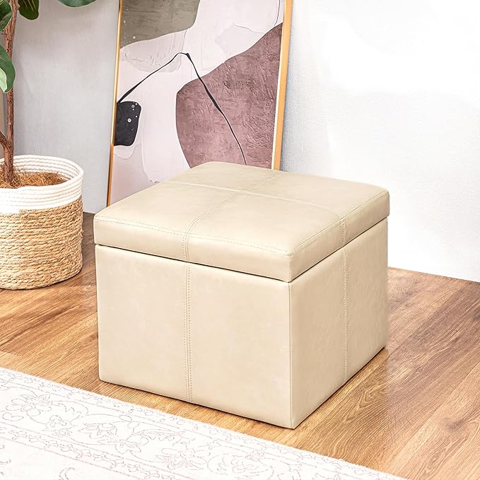 Adeco Faux Leather Cube Storage Ottoman, Warm Beige Ottomans for Living Room, Bedroom