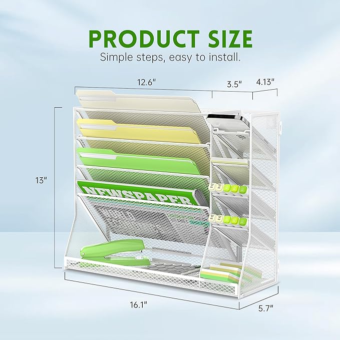 SUPEASY Wall File Organizer, 5-Tier office wall organizer with 4 Pen Holders, Wall Organizer for Office with R-shaped Bottom Tray, Metal Desk Organizer for Office, School, Home, White