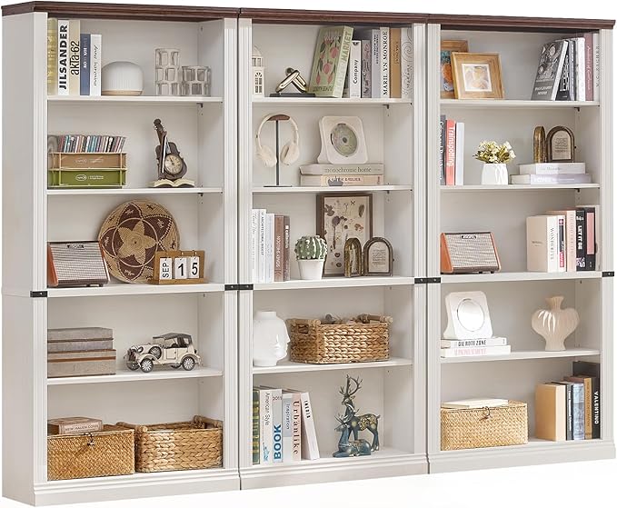 RWYHG 70" White Tall Bookshelf Set of 3,5-Tier Thick Wooden Book Shelf with Adjustable Shelves,Free Standing Farmhouse Bookcase with Open Display Storage,Floor Vintage Bookshelves for Living Room