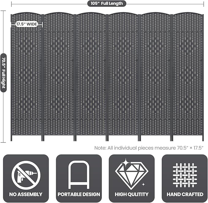 Cocosica 6 Panel Room Divider,6Ft Folding Privacy Screen,Tall - Extra Wide Foldable Panel Partition Wall Divider with Diamond Double-Weaved Hand-Woven Design Room Screen Divider