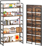 4NM No Assembly Extra Wide 5 Tiers Folding Bookshelf Storage Shelves Vintage Bookcase Standing Racks Study Organizer Home Office (Rustic Brown Black)