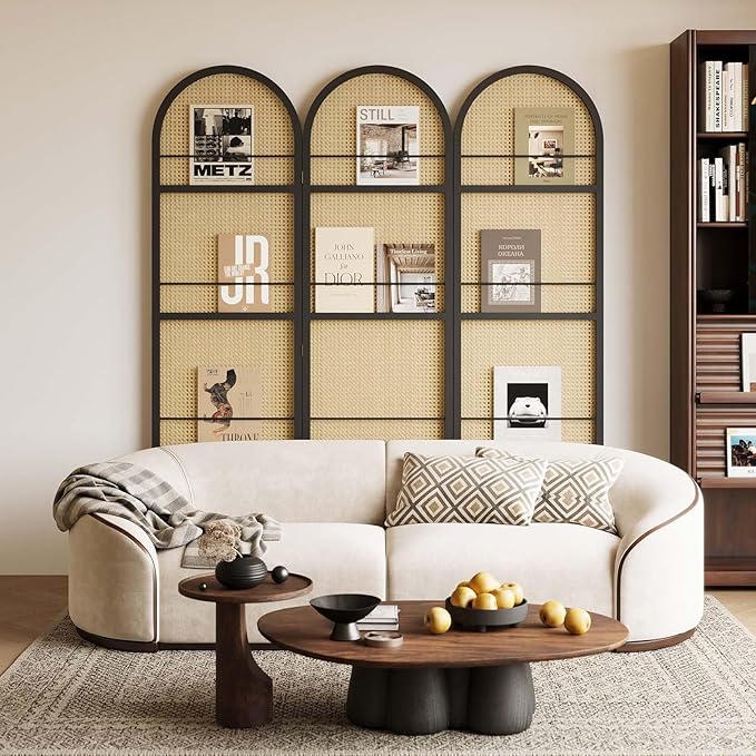 Rattan Room Divider with Built-in Bookshelf | Foldable Privacy Screen & Portable Partition for Home Office, Bedroom, Reading Nook | Wooden Frame, Freestanding Design (Black-Rattan)