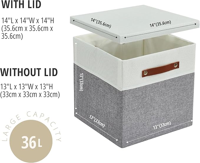 DECOMOMO Storage Basket with Lid, Storage Cubes with Handles, Fabric Box with Lid (Grey and White, 13” / 3 Pack)