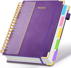 Hardcover Spiral Notebook 8"x10" Journal Notebook with Tabs and Removable Dividers 300 Pages 5 Subject Notebook College Ruled, Faux Leather Spiral Bound Notebook for Women School Work (Purple)
