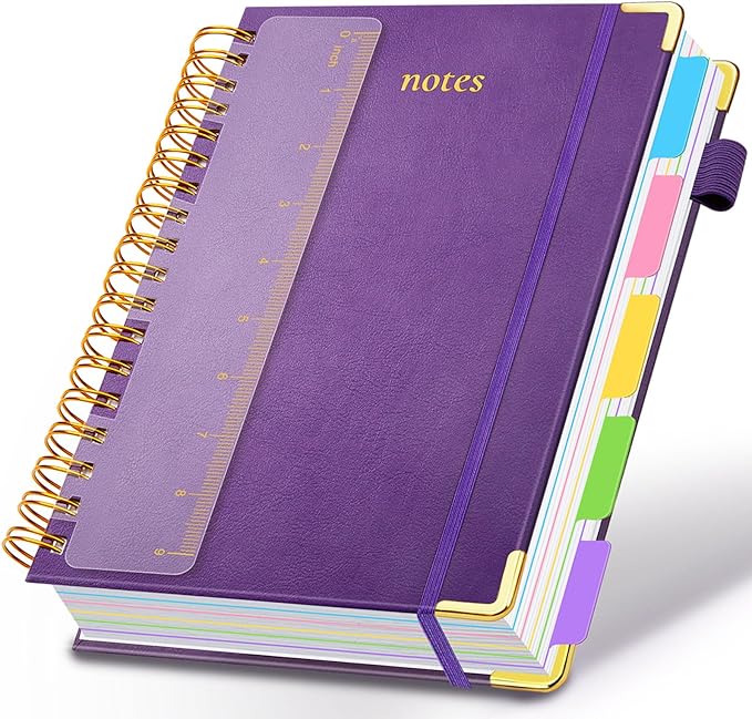 Hardcover Spiral Notebook 8"x10" Journal Notebook with Tabs and Removable Dividers 300 Pages 5 Subject Notebook College Ruled, Faux Leather Spiral Bound Notebook for Women School Work (Purple)