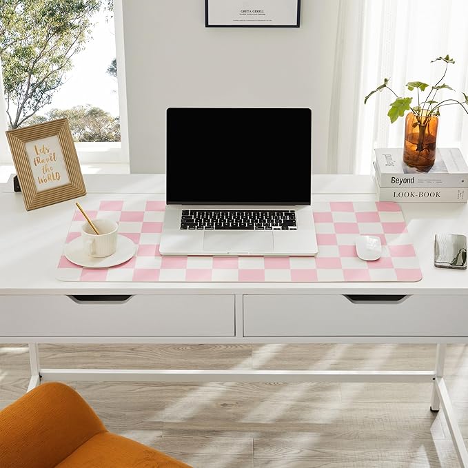 Ohocut Checkered Desk Mat, 31.5" x 15.7" Large Cute Pink Aesthetic Girl Women Accessories, PU Leather Computer Laptop Desk Mat, Mouse Keyboard Pad, Desk Writing Makeup Mat for Vanity Work/Home Decor