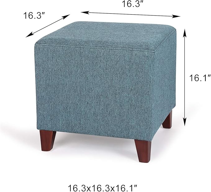Edeco Square Footrest Ottoman Stool Seat with Linen Fabric and Non-Skid Wooden Legs, Blue