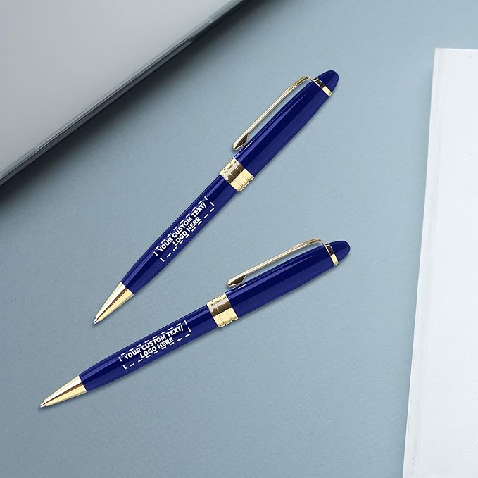 DISCOUNT PROMOS 50 Ultra Executive Pens Pack - Customizable Text, Logo - Twist To Write, Gold Accent - Blue