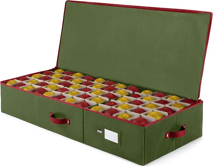 ZOBER Underbed Christmas Ornament Storage Box - Stores 120 3" Ornaments, With Dividers - Tear Proof 600D Oxford Fabric, Ornament Organizer Storage Box, Durable Christmas Containers Holder - Green