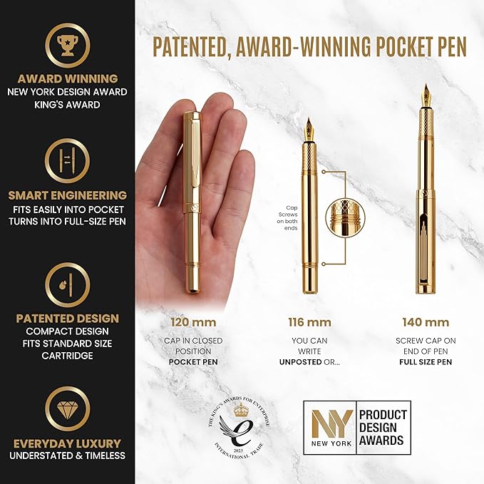 Scriveiner Gold Luxury Fountain Pen (Fine) - Award Winning - Heavy Pocket Stunning Luxury Pen, Real Gold Plating, German Nib & Converter, Nice Gift Pens for Men & Women