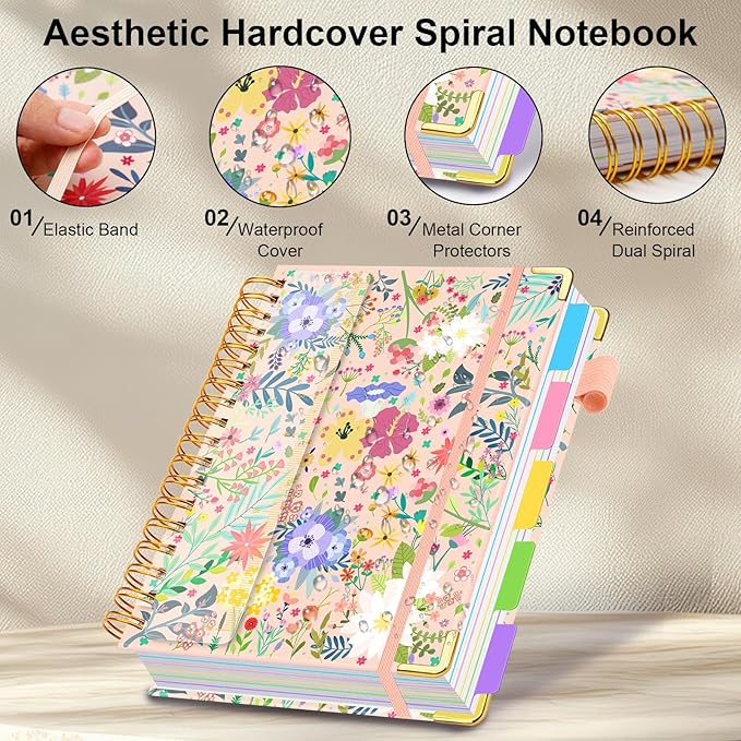 Spiral Journal Notebooks for Work, 300 Pages 5 Subject Notebook College Ruled with Dividers & Tabs, 8''x 10'' Large Notebook Journal for Women Students Note-Taking and Organizer (Beige Bloom)
