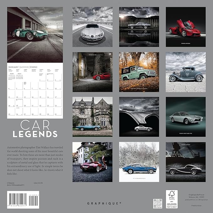 Graphique 2026 Car Legends Wall Calendar | 12” x 12” | Thick Paper | Home & Office Organizer | Large Monthly Grid | 3 Languages & Marked Holidays | 4 Month Preview Page for 2027