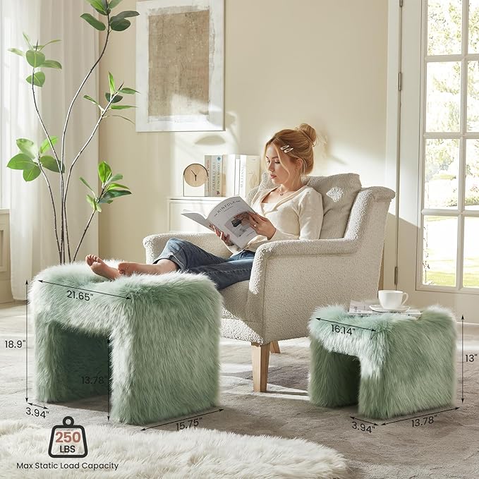 ZYKZYK Small Ottoman Set of 2 Vanity Stool Chair with Modern Ottoman Foot Rest M-Shaped Design for Bedroom Entryway Makeup Vanity Entryway (2-in-1) Green