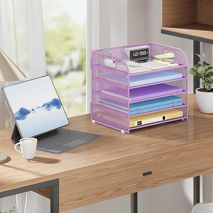 Cawukege 5 Tier Paper Organizer with Handle, Metal Mesh Desk Organizer File Folder Paper Letter Tray Desktop Document Sorter for Classroom, School, Office Accessories Organization and Storage - Purple