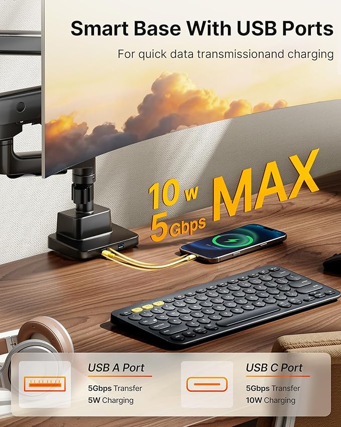 monTEK Sleek Aluminum Monitor Arm for 17–57” Ultrawide Screens up to 59.4 lbs, USB 3.0 A/C, Heavy Duty Dual Monitor Arm Desk Mount, Pneumatic Lift, Quick-Release Plate, Clamp/Grommet, Max VESA 100x100