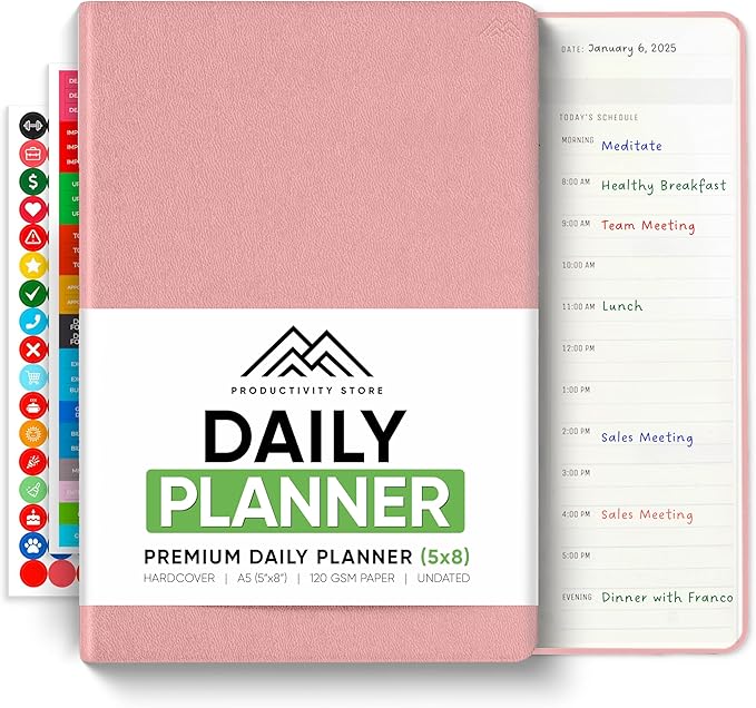 Daily Planner 2026 (5" x 8") - The Ultimate Daily Workflow Planner with Hourly Schedule & Task List to Achieve Your Goals by PRODUCTIVITY STORE (A5, Pink)