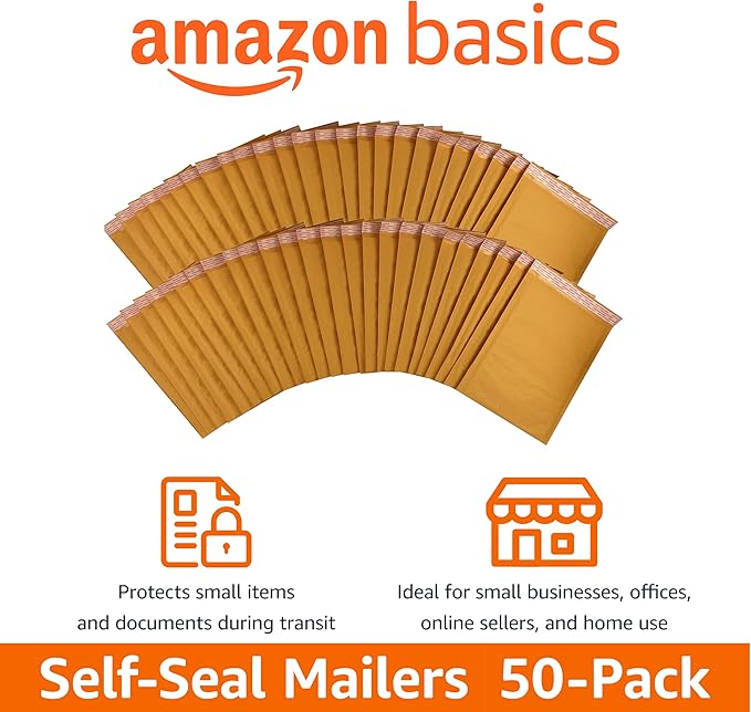 Amazon Basics Kraft Bubble Self-Seal Mailer, 4" x 8" (Internal Size - 3.75" x 7"), 50-Pack, Brown