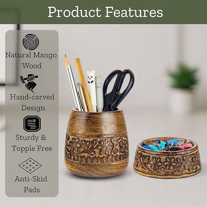 Mie Creations Wooden Desk Organizer Set of 2 Pen Holder, Paper Clip Storage, Office Desktop Table Decor, Floral Rustic Wood Pencil Cup & Paperclips Dispenser, Aesthetic Desk Accessories For Women, Men