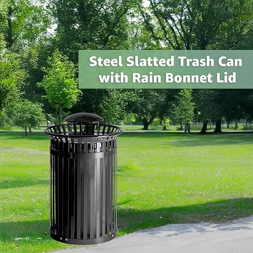 Zedfire 45 Gallon Black Waste Bin with Rain Bonnet Lid, Outdoor Heavy-Duty Commercial Trash Can Steel Slatted, Round Recycle Container, Durable Garbage Can for Parks, Municipalities, Parking, Schools