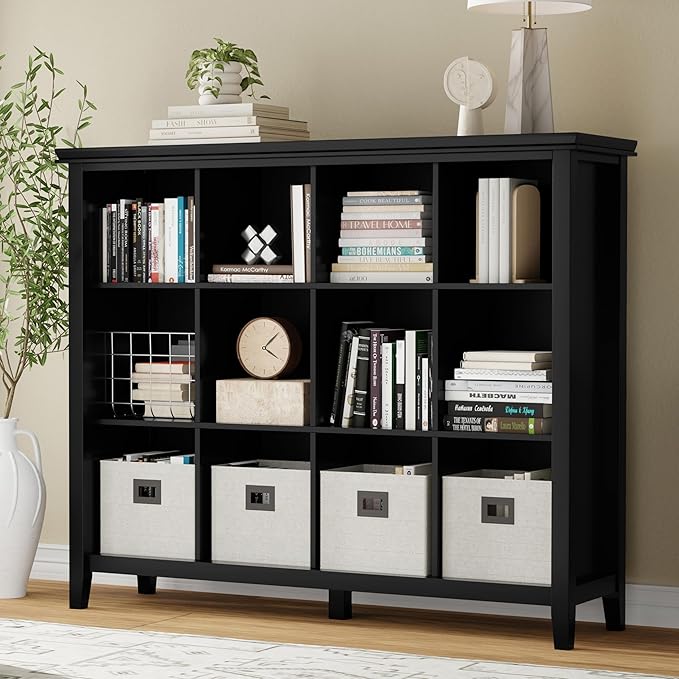 SIMPLIHOME Artisan Bookcase - 57 inch Tall 12-Cube Solid Wood Cube Organizer in Black, Transitional Storage Bookcase for Living Room, Study Room or Office with Fixed Shelves and Tapered Legs