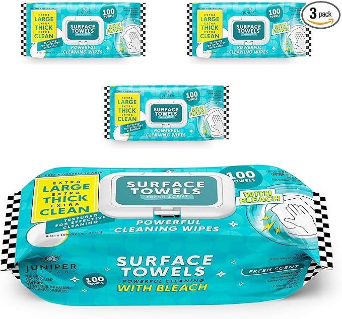 Juniper CLEAN 3 Packs Surface Wipes with Bleach, Thick & Large Dispose, All-Purpose Cleaner for Bathroom, Kitchen, Office, 300 Count Soft Flow, Biodegradable, Fresh Scent