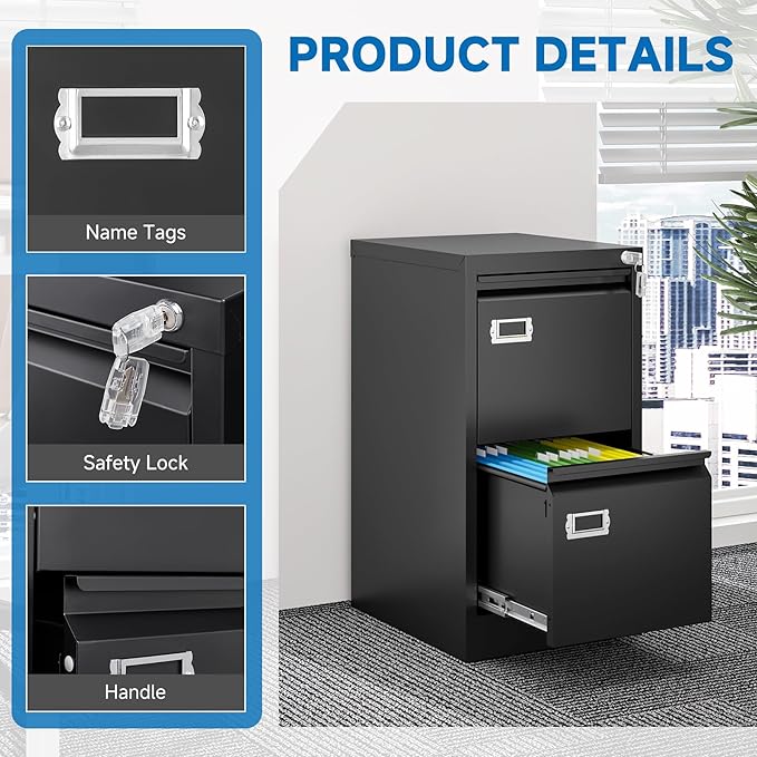 BYNSOE 2 Drawer File Cabinet with Lock Metal Vertical Filing Storage Cabinet Office Home Steel Vertical File Cabinets for A4 Legal/Letter Size Narrow File Cabinet Locked,Assembly Required