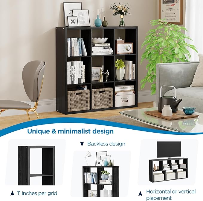 Jpiziso 9-Cube Storage Organizer, Wooden Cube Shelf Bookcase with Reinforced Thick Shelves, Heavy-Duty 36.93" L x 9.37" W x 36.93" H, for Living Room Bedroom Home Office, Black