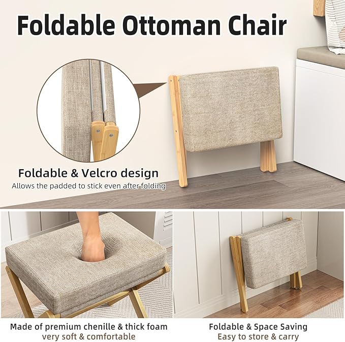 BAMBOOHOMIE Foldable Foot Stool Ottoman, Modern Foot Rest with Bamboo X Legs & Thick Foam Cushion, Folding Foot Stools Small Padded for Bedroom Living Room, Footstool for Chair Couch (Natural - Brown)