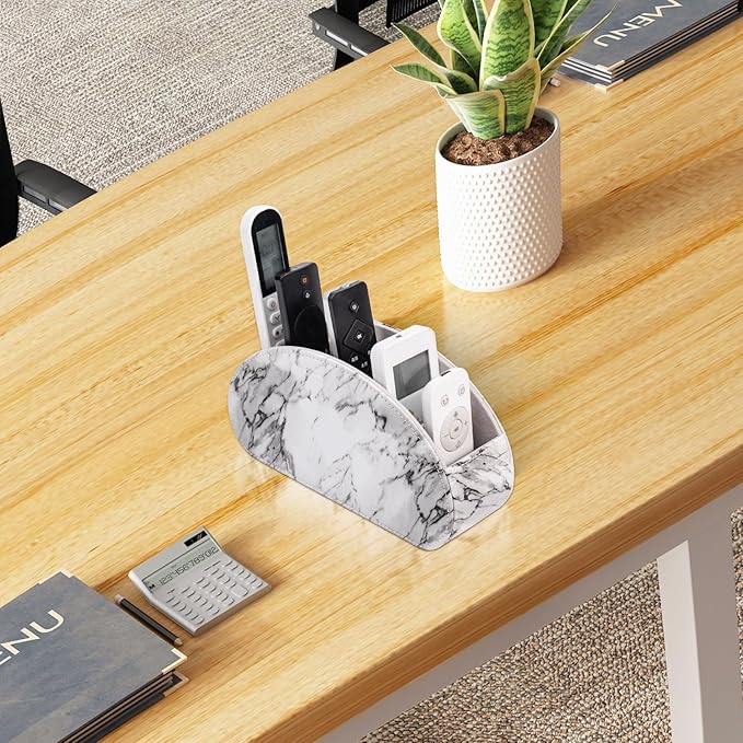 Remote Control Holders Organizer Box with 5 Compartment PU Leather Multi-functional Office Desk Storage Caddy Store Tv Remote for Media Player,Brush,Pencil,Glassees&Office Supplies (Marble)