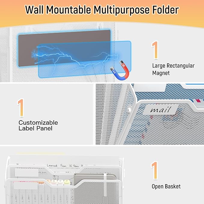 Docnest 3 Tier 3 Pack Magnetic Wall Mounted File Holders,Mesh Letter Organizer, Magnetic Hanging Mail Paper Document Organizer for Office, Home, School, White