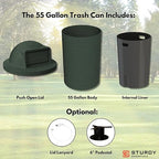 Campus Collection 55 Gallon Round Heavy-Duty Plastic Commercial Outdoor or Indor Trash Can with Push Open Dome Lid and Internal Liner | Great for Schools and Businesses - Green Granite