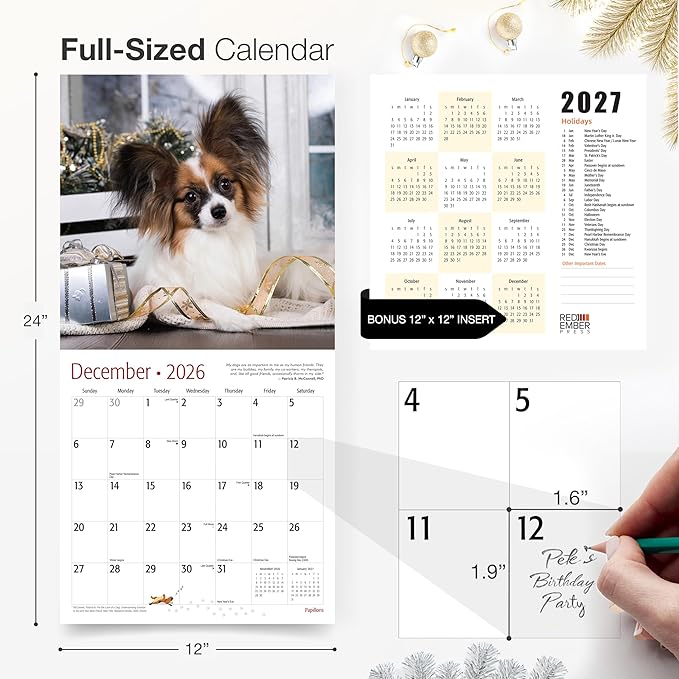 RED EMBER Papillons 2026 Wall Calendar 12 Month | 12" x 24" Open | Thick & Sturdy Paper | Holiday Gift | Cute Puppy Dog Calendar 2026