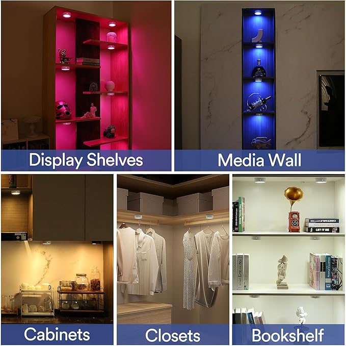 TECOMLIGHT Puck Lights with Remote Control, Battery Operated Wireless Under Cabinet Lighting, RGBCW Stick On Tap Lights for Kitchen, Shelf, 4 Pack - White