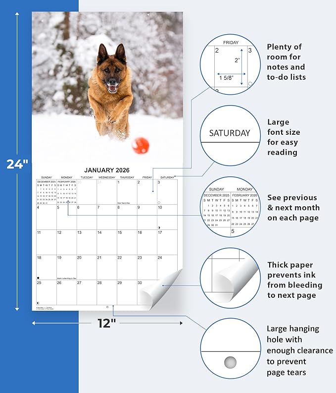 2026 German Shepherds Monthly Wall Calendar | Dog Calendar September 2025 - December 2026