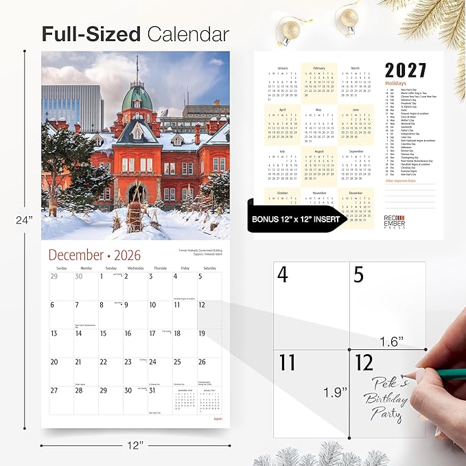 RED EMBER Japan 2026 Wall Calendar 12 Month | 12" x 24" Open | Thick & Sturdy Paper | Holiday Gift | Travel Calendar 2026