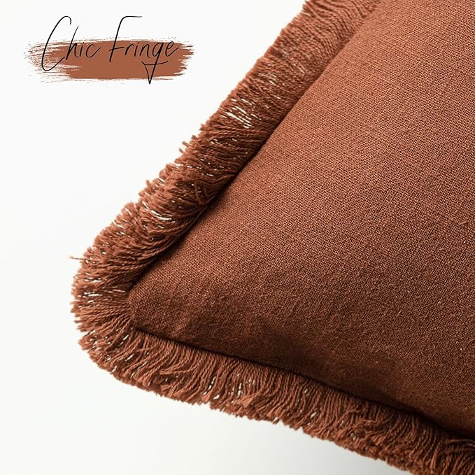 Foindtower Set of 2 Decorative Linen Fringe Throw Pillow Covers Boho Farmhouse Cushion Cover with Tassels Soft Accent Pillowcase for Couch Sofa Bed Living Room Home Decor, 26×26 Inch, Fall Rust Orange