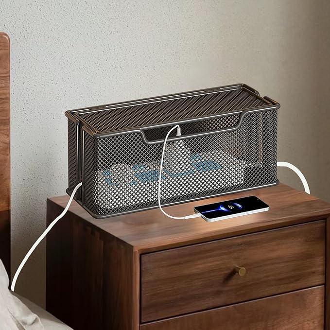 Yomjarl Cable Management Box,Desk Cable Organizer Box,No Installation Wire Cord Box Hider,Metal Mesh Cord Holder for Desk TV Computer USB Hub System to Cover and Hide & Power Strips & Cords