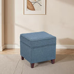 Adeco 17" Square Ottoman with Storage, Small Blue Storage Ottoman Foot Rest with Hinged Lid & Solid Wood Legs, Linen Fabric Foot Stool for Living Room & Bedroom, Seasonal Home Refresh & Gifting