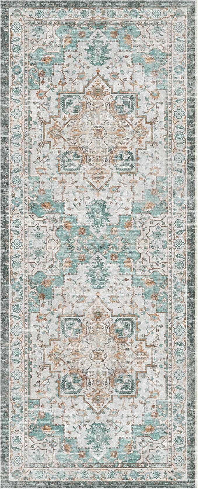GENIMO 2x4 Runner Rugs for Hallway, Machine Washable Non Slip Vintage Rugs, Low Pile Lightweight Soft Print Rug for enrtyway, Corridor, Home Office, Kitchen, Cyan
