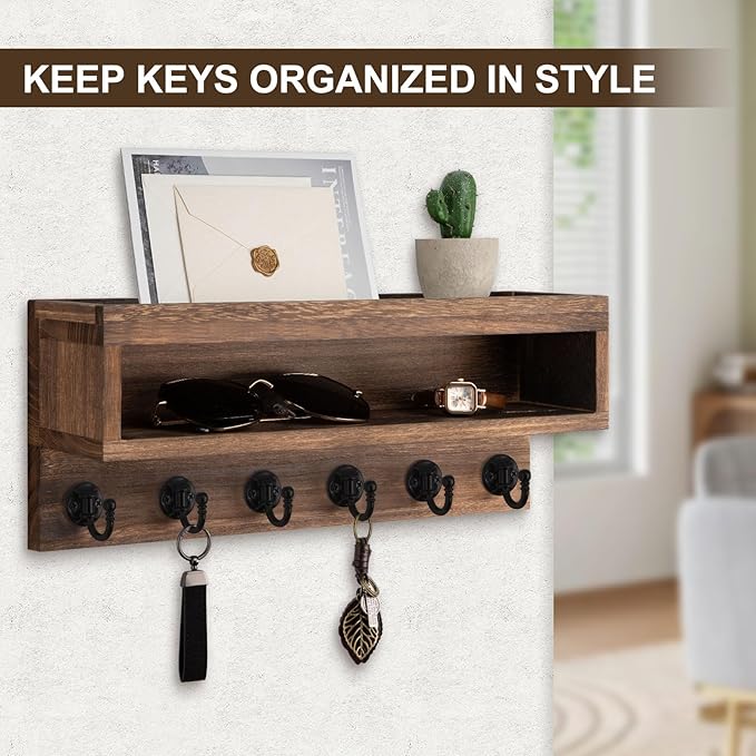 Lucundm Key and Mail Holder Wall Mount, Key Hanger with Long Storage Box and 6 Hooks for Coat, Dog Leash, Home Decor Rack, House Accessories, Entry Way Organizer (Brown)