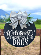 Wood front door sign Wood sign Home decor Welcome sign Sign for front door House warming gift Wedding gift (Dogs 3.0-UV033(A3) S006, 18" Width)