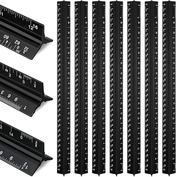 Macarrie 10 Pcs Architectural Scale Triangular Ruler 12" Architect Engineers Scale Ruler Set Aluminum Metal Ruler with Imperial Measurements for Architect Student Draftsman Engineer (Black)