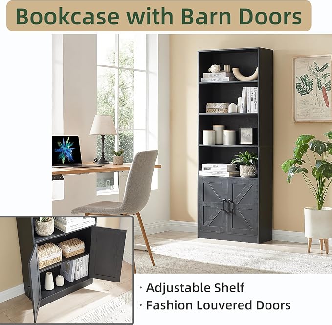 RWYHG 70in Tall Bookshelf 6 Tier Bookcase with Barn Doors and Adjustable Shelf, Black Farmhouse Book Shelves with Storage Cabinet,Wood Floor Standing Display Bookshelve for Bedroom,Living Room,Kitchen