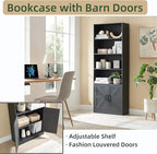 RWYHG 70in Tall Bookshelf 6 Tier Bookcase with Barn Doors and Adjustable Shelf, Black Farmhouse Book Shelves with Storage Cabinet,Wood Floor Standing Display Bookshelve for Bedroom,Living Room,Kitchen