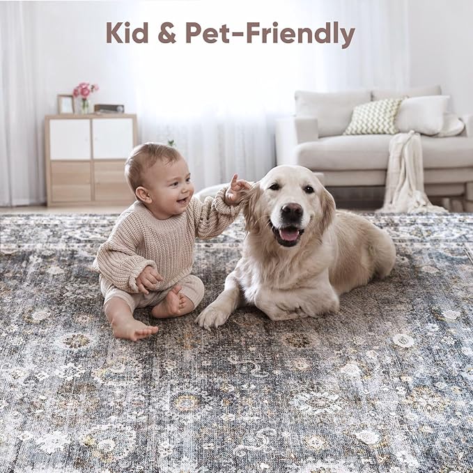 Rugcomf Round Rug 4ft Washable Circle Rug Non Slip Low Pile Boho Small Circular Rug for Bedroom, Bathroom, Entryway, Kids Room, Office, College Dorm(Grey)