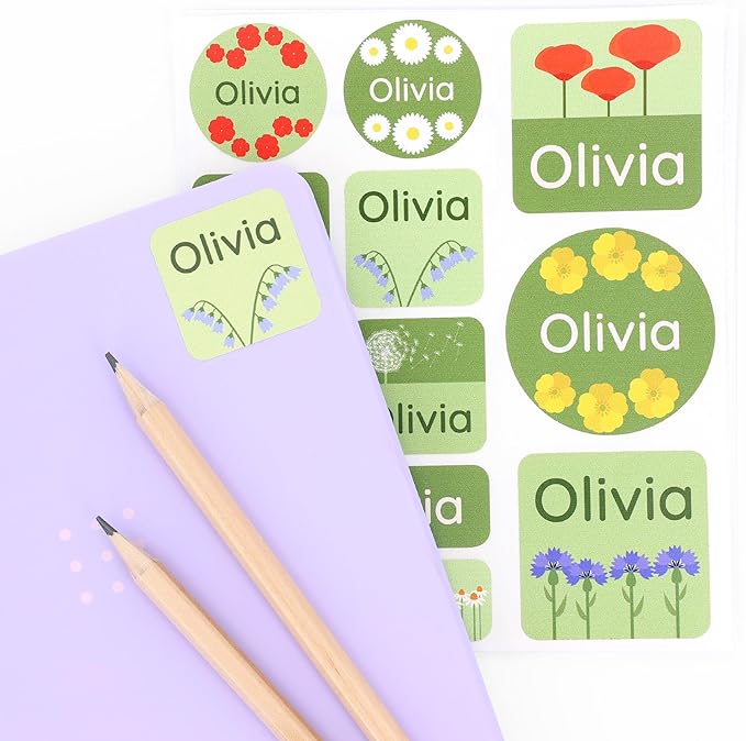 Large Name Labels for Kids (33) - Custom Stickers for Daycare and School Supplies - Durable, Waterproof Stickers for Water Bottles, Lunch Boxes, and More with Unique Designs - Flora