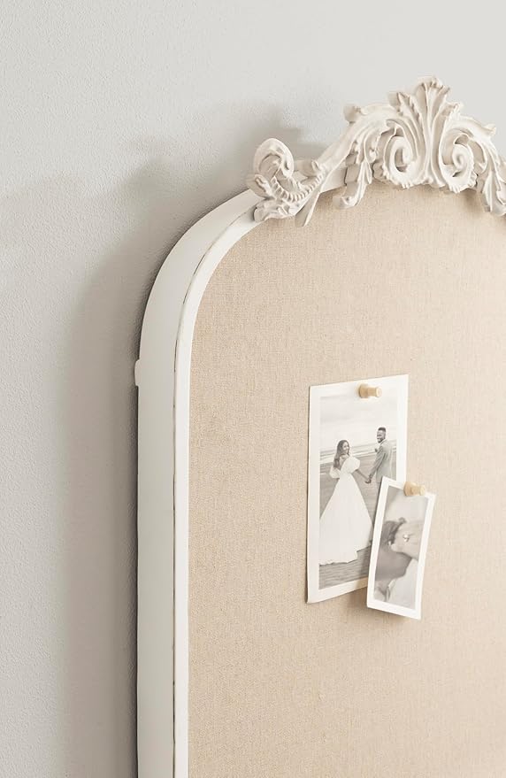 Kate and Laurel Arendahl Decorative Arch Pinboard; 19 x 31; White; Framed Arched Ornate Vintage Cork Board for Use as Motivational Vision Board or Wall Organizer